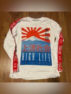 High Life White Long Sleeve Graphic Tee with Red and Blue Print